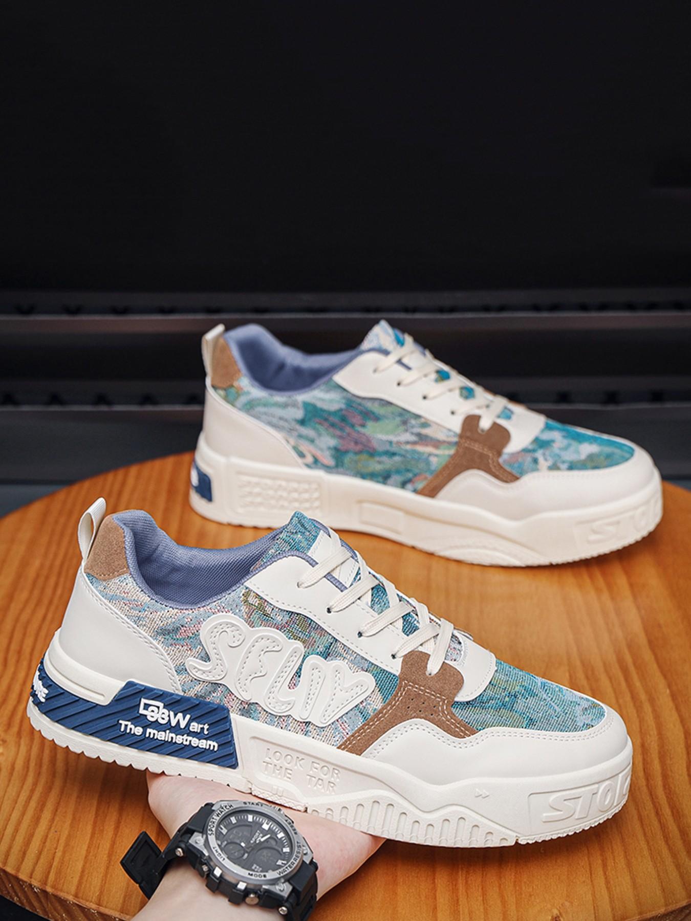 Men's Casual Sports Shoes, Spring Summer New Arrival, Size 39-44, Mint Oil Painting Style, Soft Sole Breathable Trendy Board Shoes