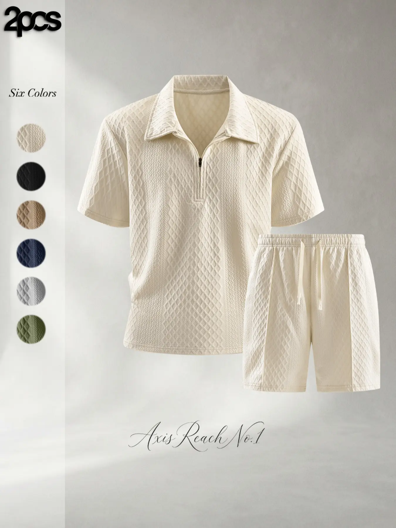 A1 Men's 2-Piece Summer Outfits, Textured Geometric Knit Quarter-Zip Polo Shirt and Drawstring Shorts Set, Casual Matching Resort Wear Beach Vacation Lounge Suits Old Money Style Clothes