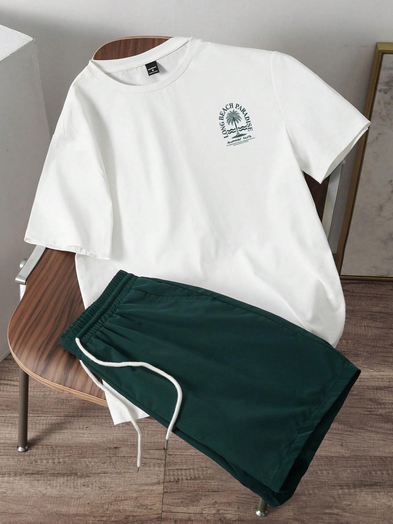 Men's Summer Best-Seller Collection: Coconut Tree Print, White and Pink Color-Blocked Casual Two-Piece Men's Sports Set  Perfect for everyday casual wear and running, loose-fitting and breathable