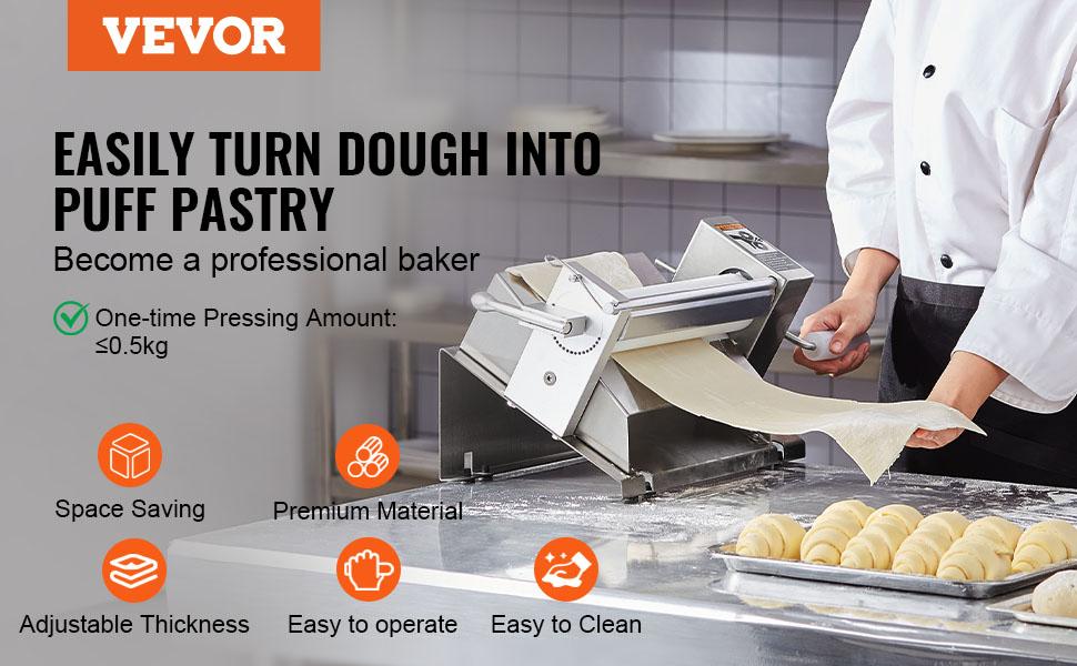 Manual Dough Sheeter Machine, Puff Pastry Sheeter and Fondant Roller, Removable Handle, Panel, Roller for Easy Cleaning, Max 1/2 inch Adjustable Thickness, for Home or Small Commercial Kitchens