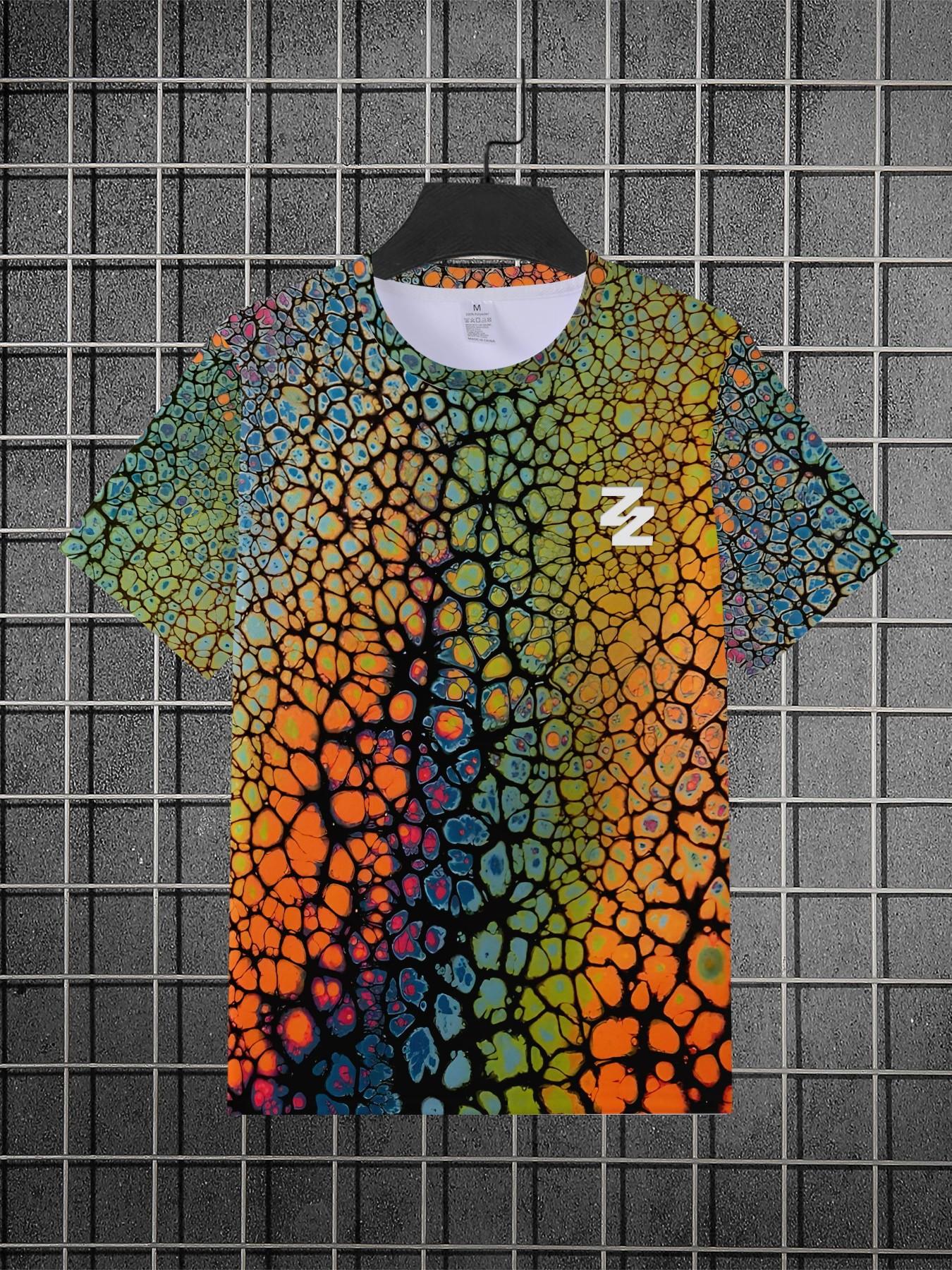Rainbow Crackle Print Men's Short Sleeve T-Shirt, Fashion Casual Loose-Fit Top, Multicolor Geometric Pattern Design, Trendy Summer Wear