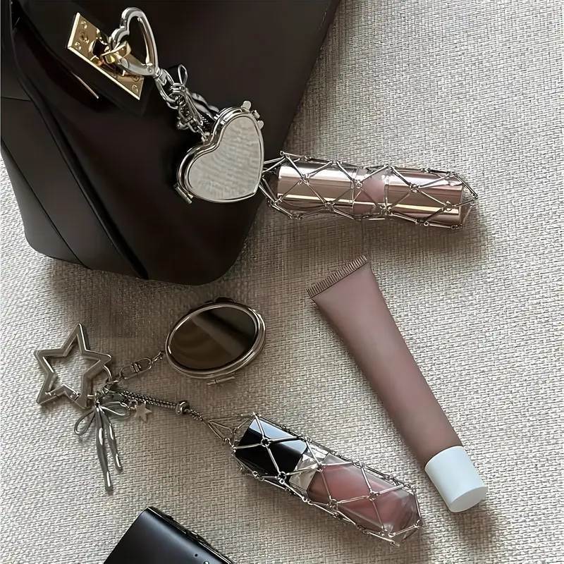 Ins style lady's fashion lipstick storage mirror case lipstick bag mesh bag keychain pendant