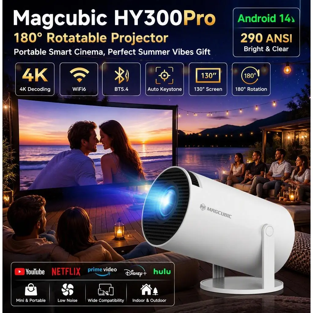 Magcubic HY300Pro 180 °   Rotatable Projector | 290ANSI Android 14, WiFi6 BT5.4, 4K/8K Decode, Auto Keystone, 130" Screen, Portable Home & Outdoor Cinema, Perfect Summer Vibes Gift