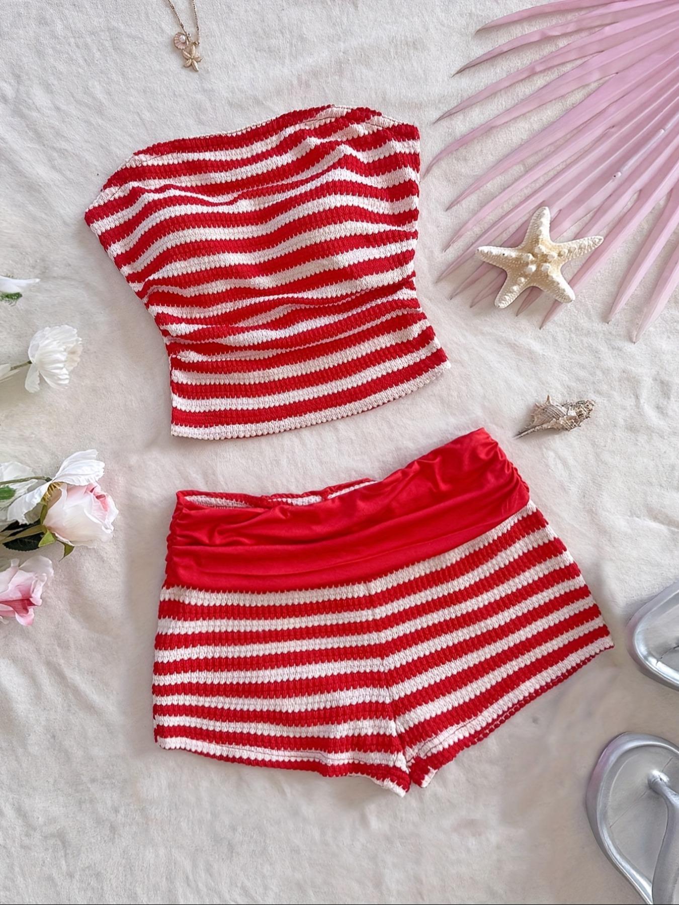 Two-piece Set Women's Striped Print Tube Top & Shorts, Casual Top & Shorts for Beach Vacation Holiday, Ladies Two-piece Outfits for All Seasons, Clothes, Womenswear, Summer Sleep Set