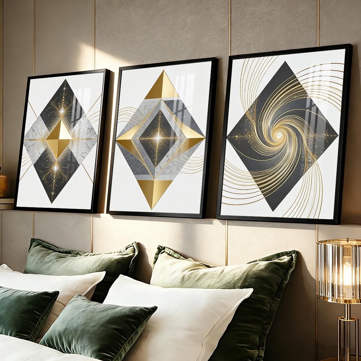3 Counts Aluminum Alloy Framed Painting, Geometric Gold And Marble Abstract Art Pictures, Home Decoration For Living Room, Bedroom, Office, Restaurant, Hallway Wall Decor, Odorless Print Artwork, Luxury Perfect Gift For Friends And Family