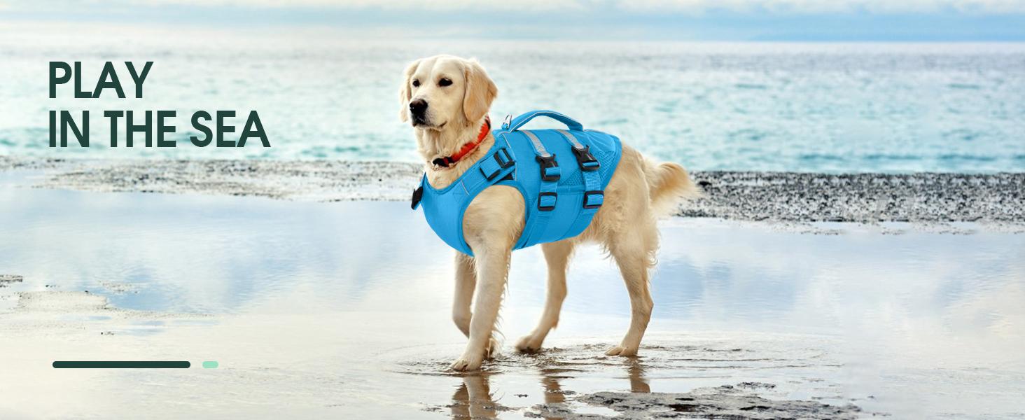 Kuoser Dog Life Jacket, High Flotation Dog Life Vest for Swimming Boating, Adjustable Ripstop Dog Lifesaver for Small Medium and Large Dogs, Reflective Safety Pet Life Preserver with Rescue Handle