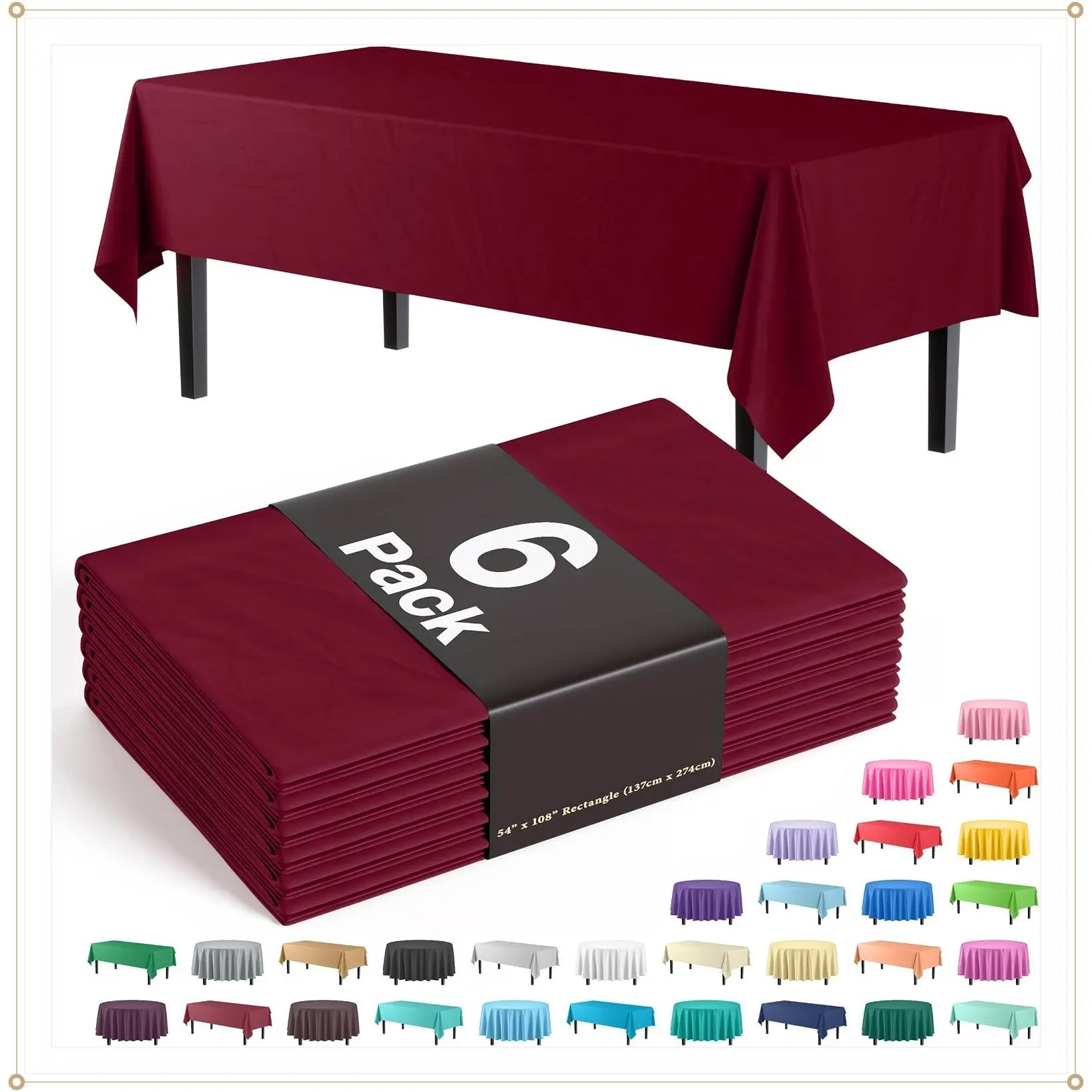 Burgundy Disposable Plastic Tablecloths 6 Pack - 54 x 108 Inch Rectangle Table Covers for 6 Foot Tables - Waterproof Party Tablecloth for Wedding Birthday Graduation BBQ CateringGift