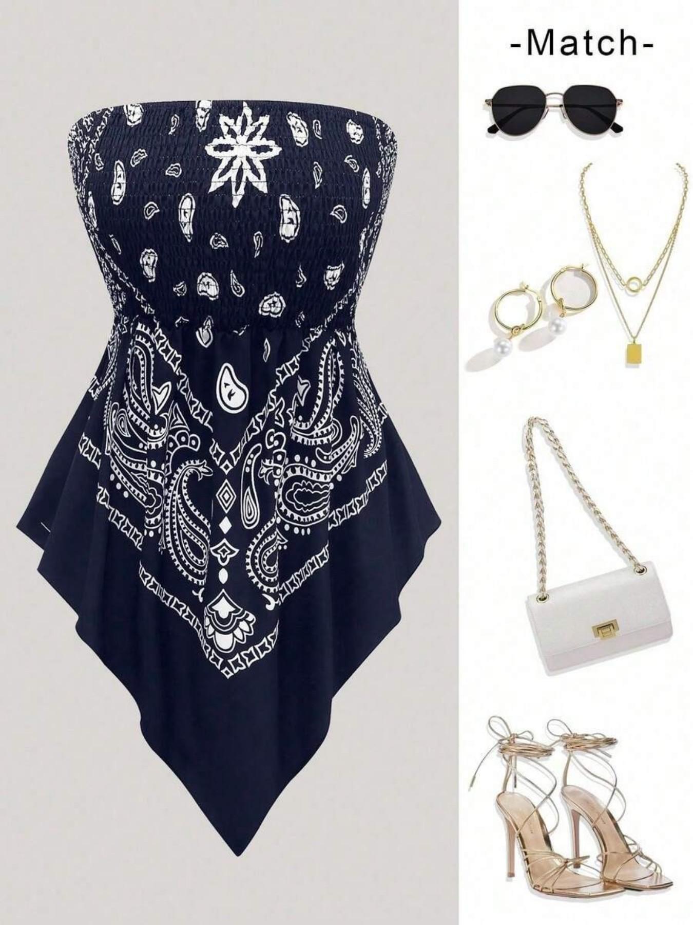 Plus Size Women's Strapless Towel Print Top, Ruffled Bohemian Style Pleated Hem Sleeveless Blouse, Casual Summer Fashion Fitted