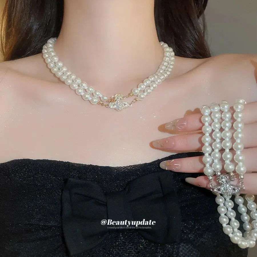 Double-layer Pearl Beaded Diamond-set Saturn Magnetic Necklace 2026 New Collarbone Chain Light Luxury Niche Design Neck Chain