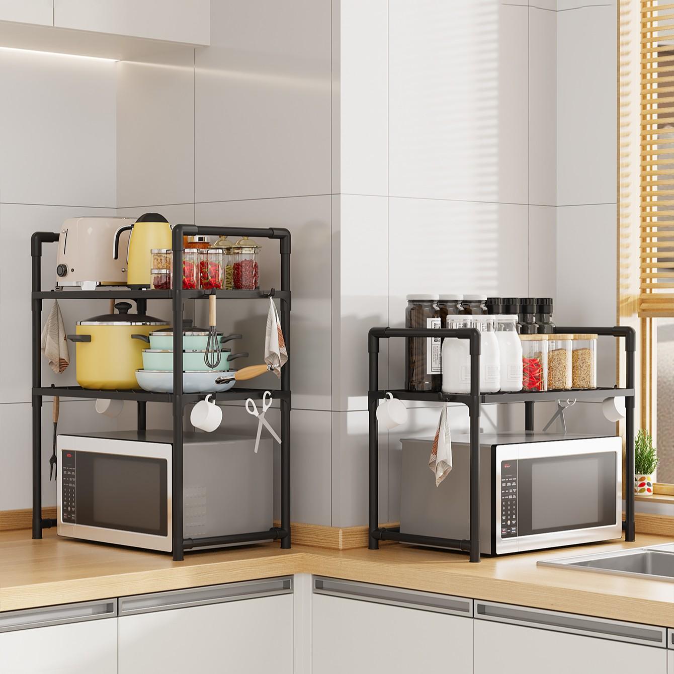 Multi-Functional Kitchen Storage Rack, Microwave Heightened Organizer, Thick Plastic Shelf for Spices & Dishes, Dual-Layer Design, Practical Hooks