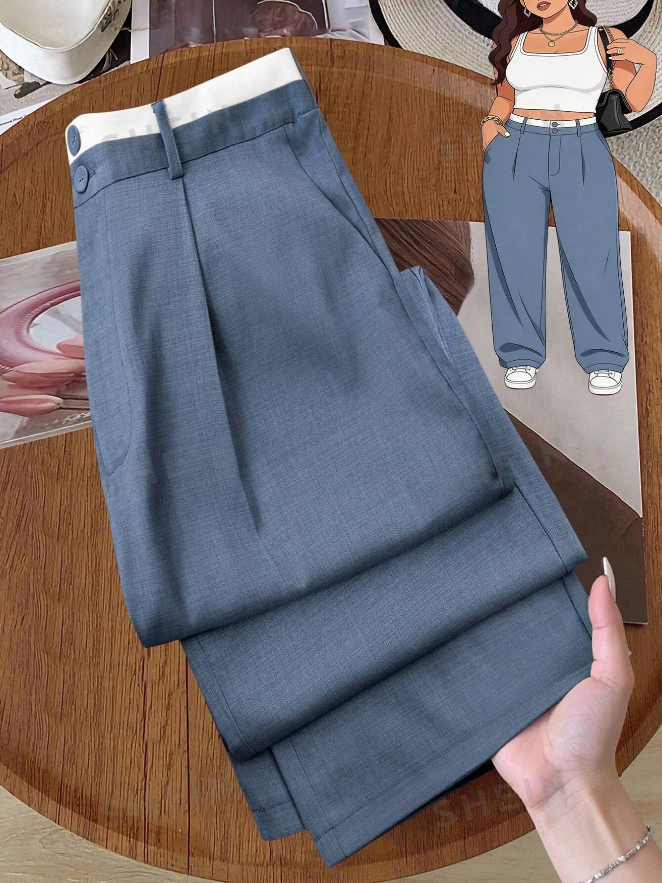 Plus Size High Waist Wide Leg Suit Pants, Women's Elastic Back Waist Front Pleat Pockets, Office Casual Long Pants