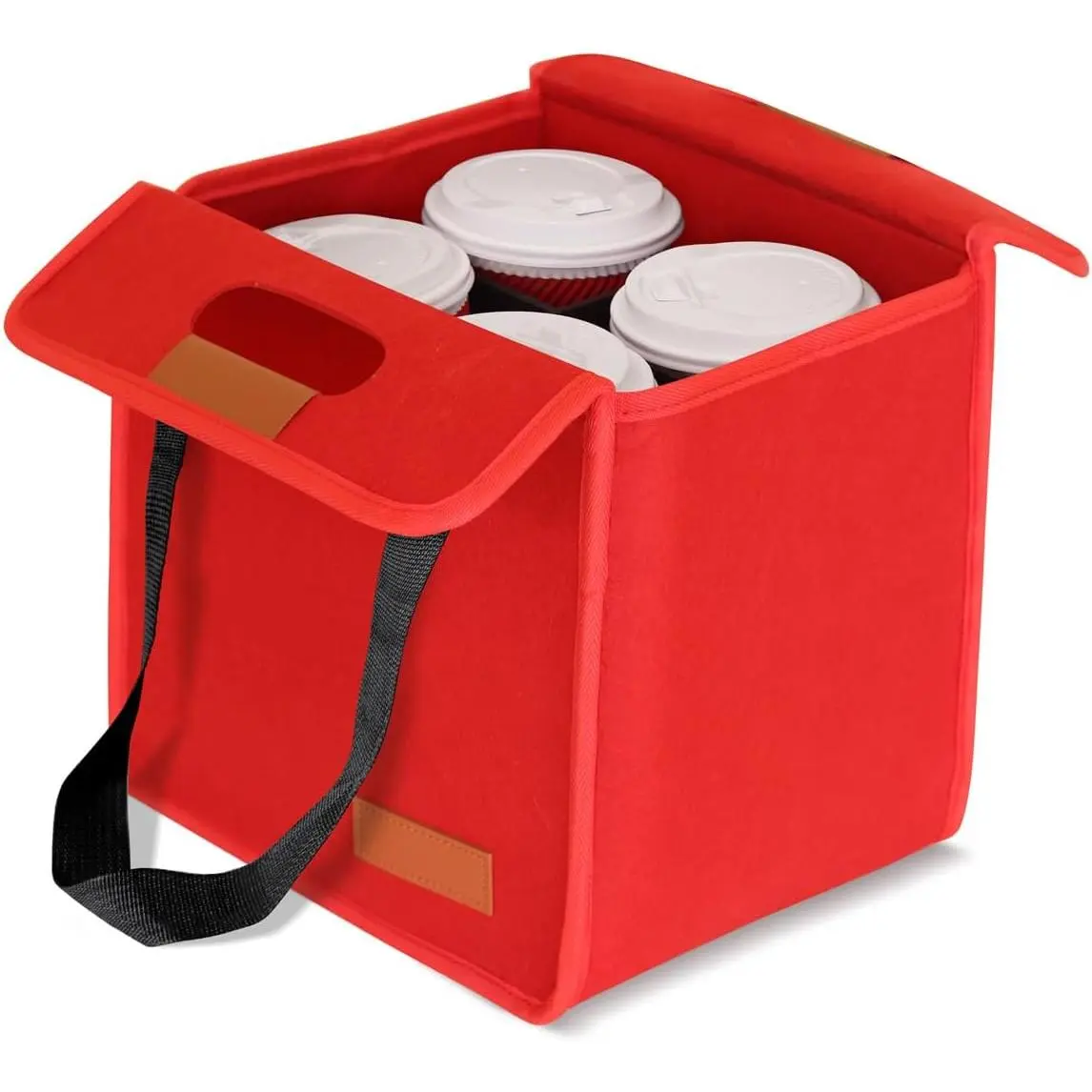 Drink Carrier with Handle, Cup Carrier for Drinks with Elastic Mesh Pockets & Dividers for Delivery, Takeout & Travel, 4 Cups Red Bag with Black Handle