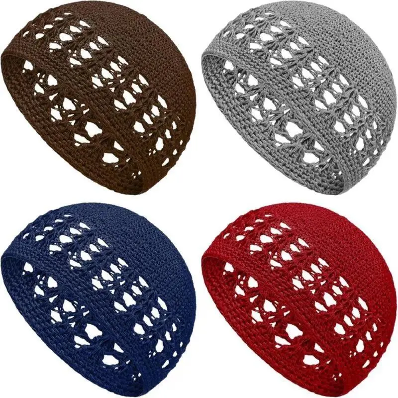 4PCS Men Traditional Kufi Crochet Set, Handcrafted Breathable Stretch Skull Caps for Prayer Cultural Occasions