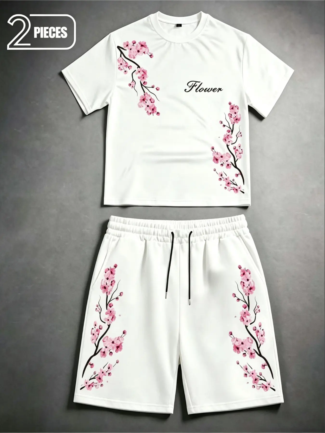 Men's Cherry Blossom Print Two-Piece Set, Summer Loose Short Sleeve T-Shirt and Casual Five-Quarter Shorts, Trendy