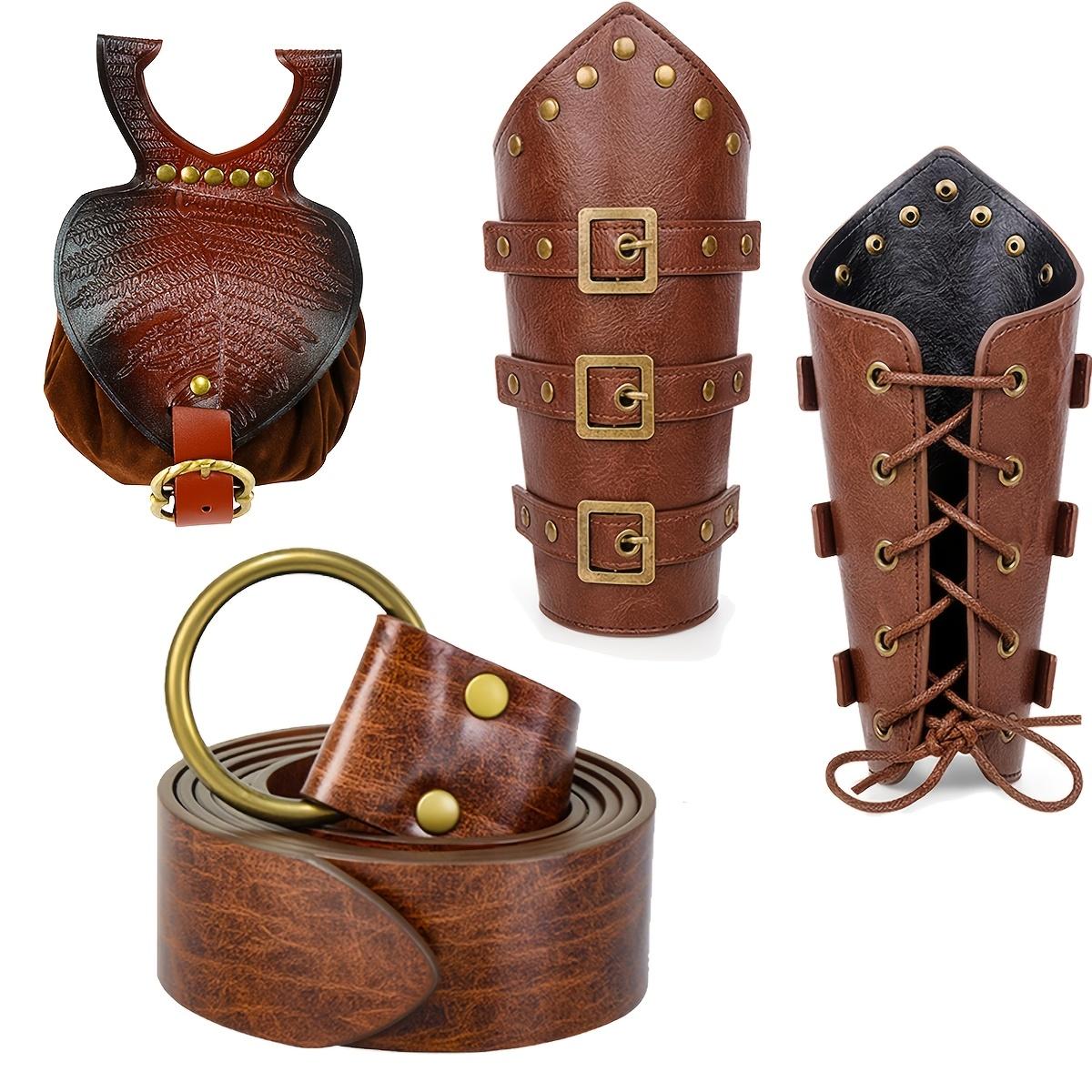 4pcs Medieval Knight Buckle Wrist Guards, Leaf Texture Waist Bag, PU Leather Belt, Halloween Costume Accessory, Unisex Role Play Props