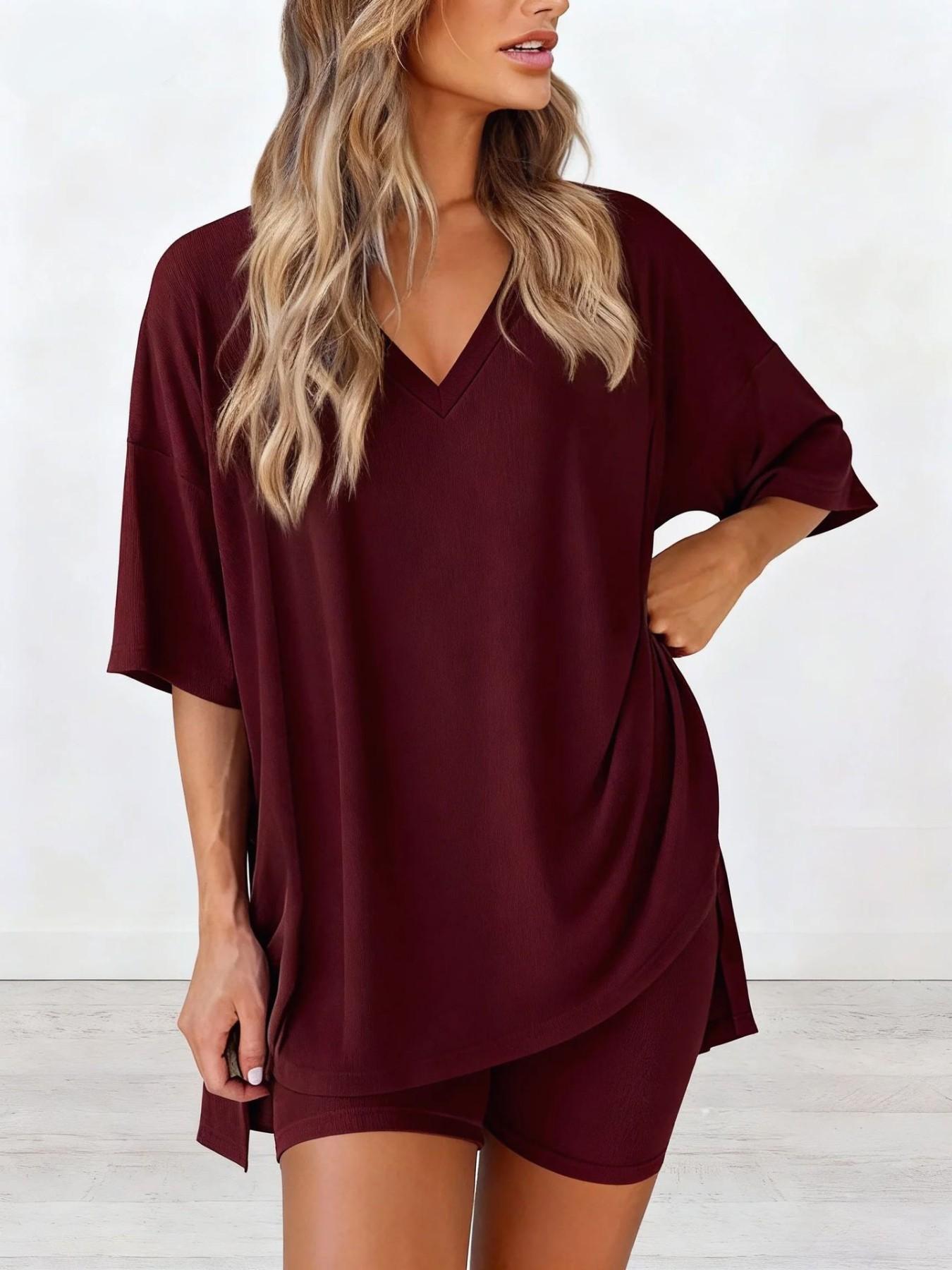2026 V Neck 2 Piece Sets forSpringWomen Summer Loungewear Short Set SpringMatching Biker Shorts Oversized ShirtClothing