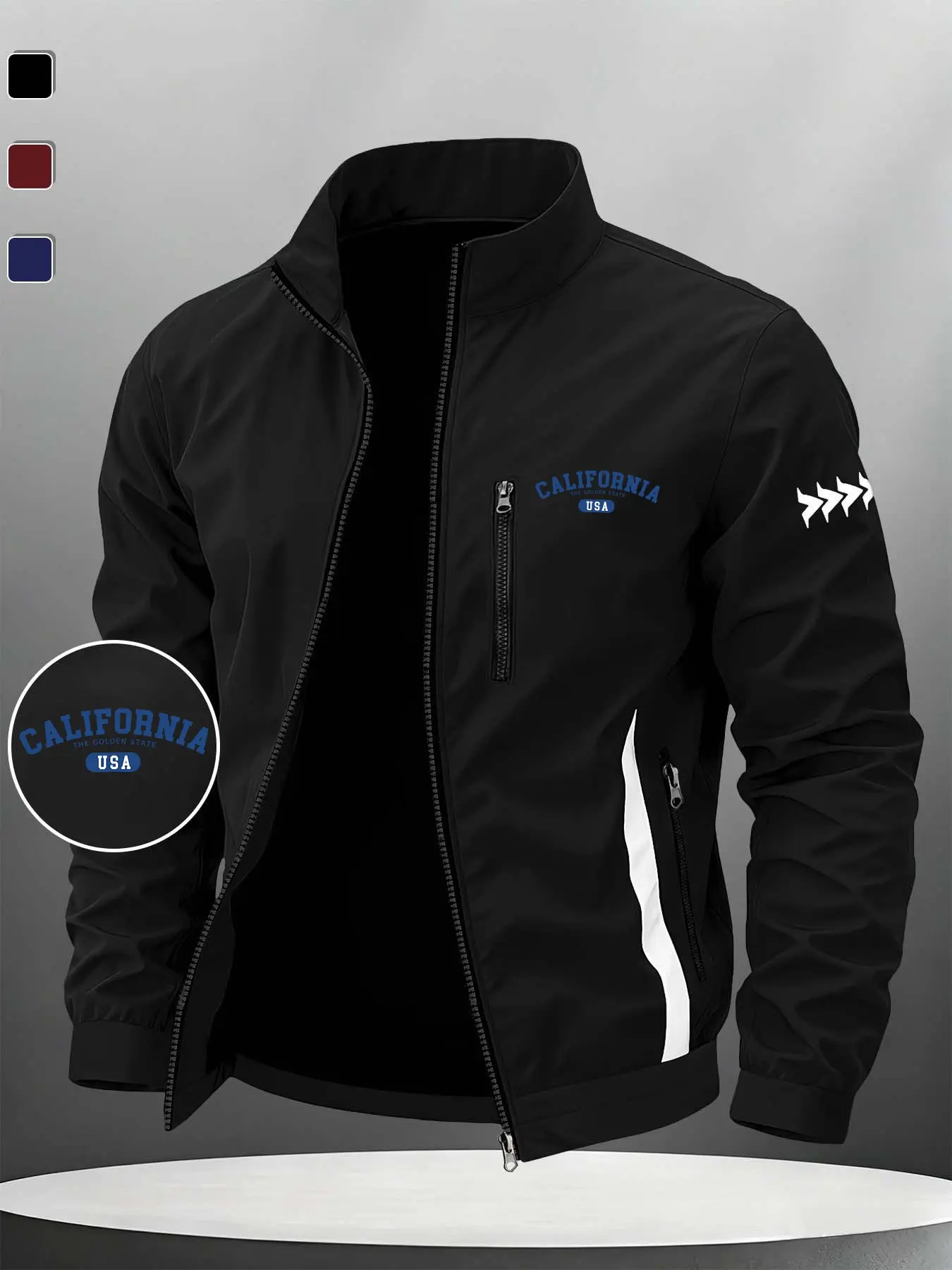 Simple Colorblock Zipper Men's Jacket, California Theme Print, Lightweight Breathable Workwear Coat, Spring & Fall Casual Slim Fit