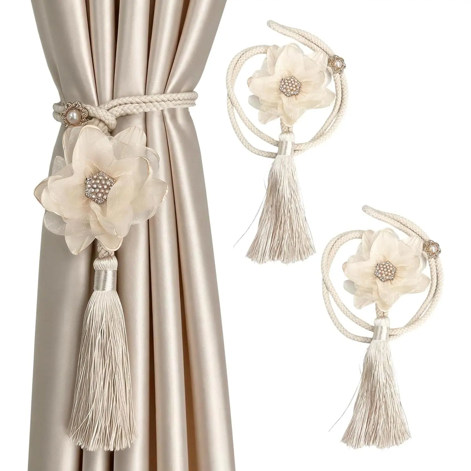 Beige Synthetic Lotus Flower Romantic Curtain Tiebacks, 18.5" No-Drill Hooks - Adjustable Decorative Tasseled Drape Holders for Modern Living Areas, Bedroom
