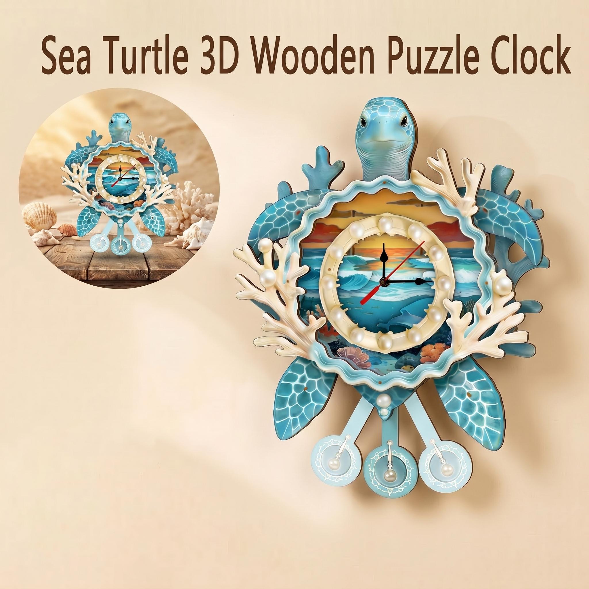 Turtle Adult 3D Wooden Puzzle Wall Clock, DIY Laser Cut Assembly Kit, Home Decor Gift, Unique Family Wall Clock, Men's Birthday Present