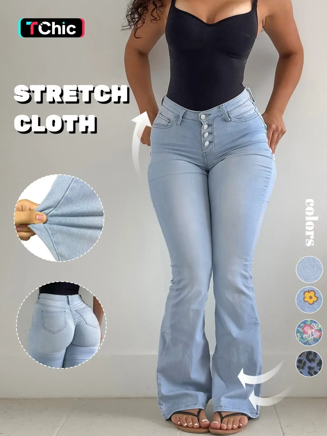 GILIPUR Women's Light Blue Washed High Waist Multi-Button Fly Butt Lifting Stretchy Flare Jeans, High Stretch Slim Fit Floor Length Bootcut Denim Pants, Y2K Vintage Streetwear Daily Date Night Outfits for Women TChic