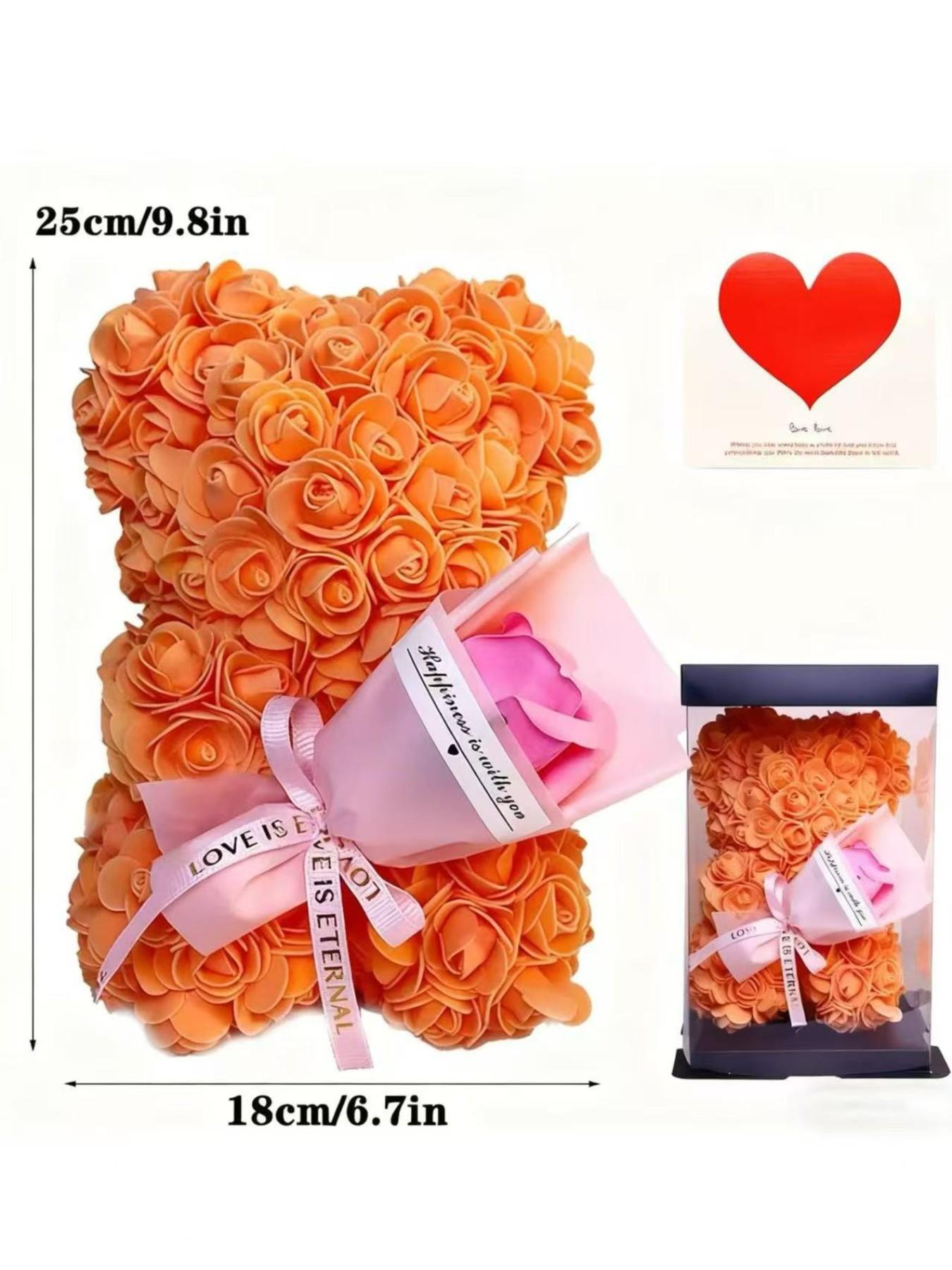 Roses Bear Holding Flower Bouquet Gift Set, Valentine's Day Proposal Gift for Girlfriend, Mother's Day Love Gift for Mom, No Necklace Included