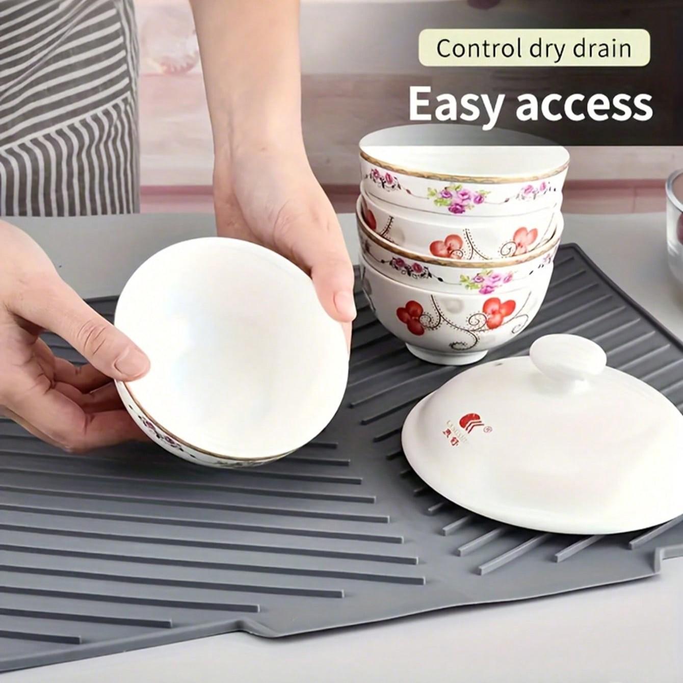 1pc Multifunctional Silicone Kitchen Drain Mat - Non-Slip, Quick-Dry, Heat-Resistant Dish Drying Mat with Water-Control Design, Grey - Ideal for Countertop, Bar & Sink Use