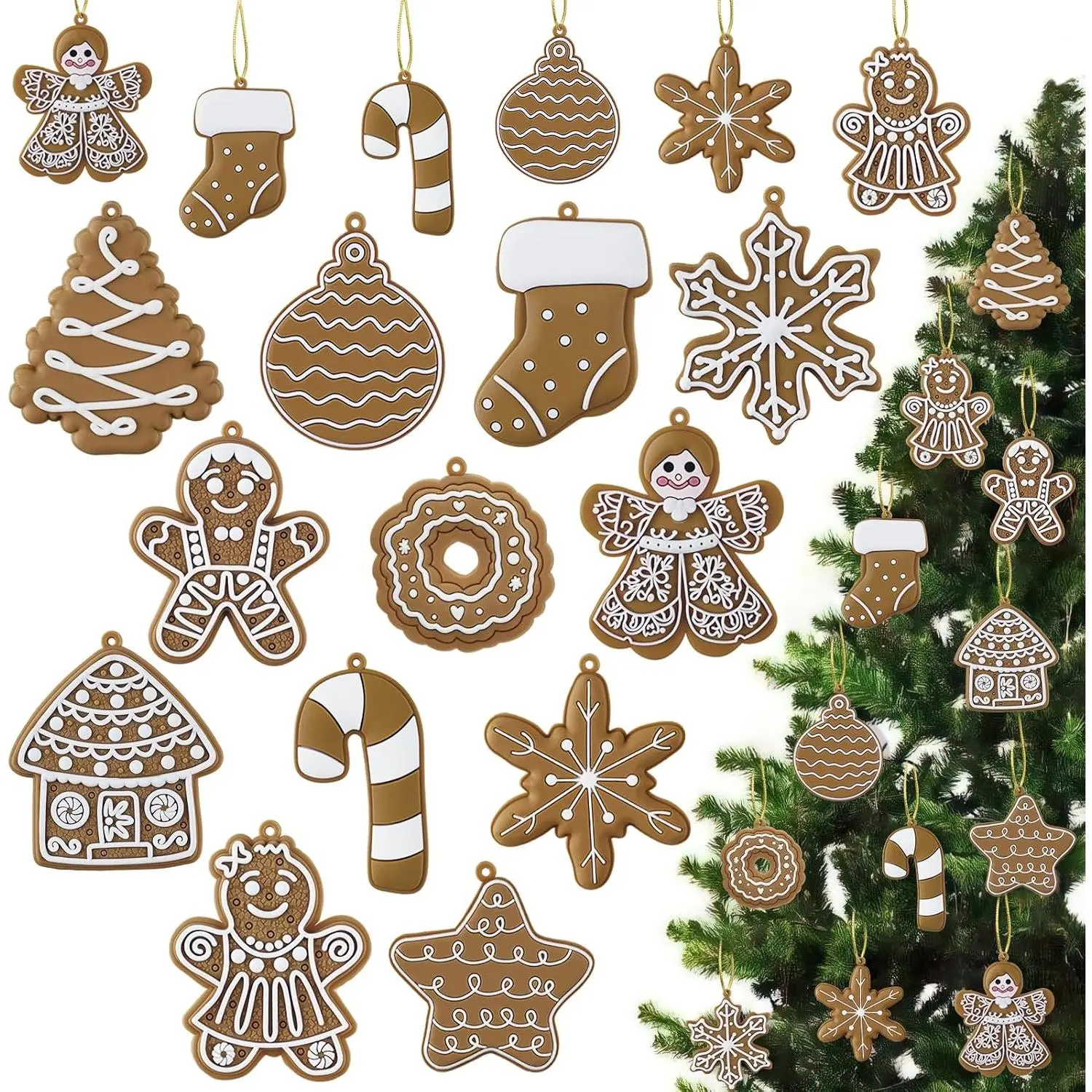 12-Pack Smooth Silk Gingerbread Cookie Ornaments, 3.15 in Classic Shapes Rustic Winter Christmas Tree Decor, Indoor Holiday Party Home Festive Supplies