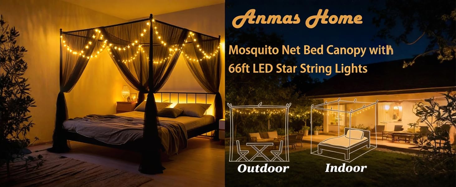 Classic Black Grid Pattern Bed Mosquito Net Curtains with 66ft LED Star String Lights for Starry Night Bedroom Use, 86.6"W x 79"L x 102"H 4-Opening Insect Shield, Fits King/Queen/Full Beds, King Size Fit