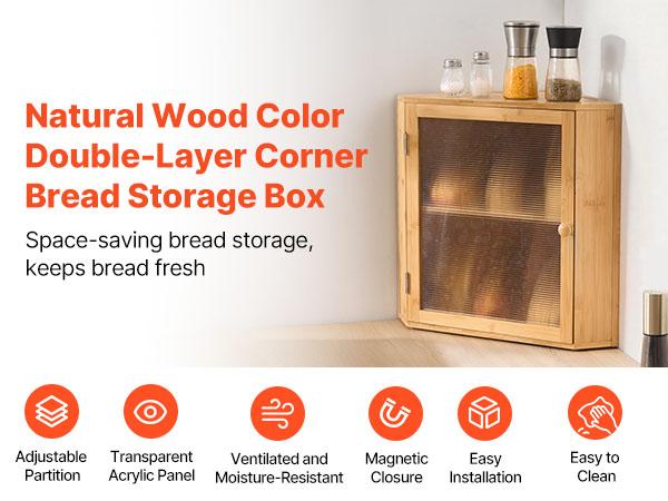 VEVOR Corner Bread Box for Kitchen Counter, Double Layer Large Capacity Bamboo Bread Storage Container, Farmhouse Wooden Breadbox for Homemade Bread, Storage Holder Bin with Acrylic Wavy Door, Natural