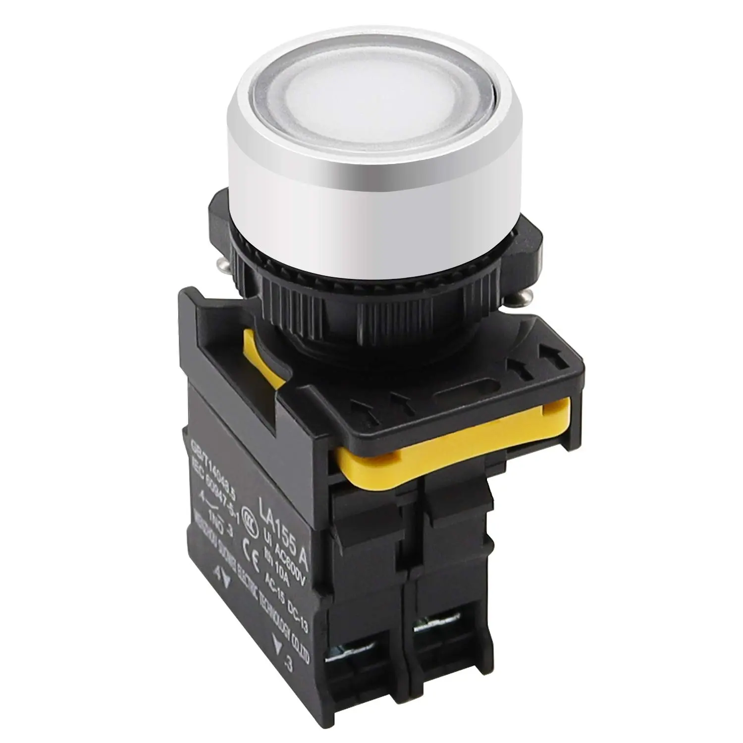22mm Metal-Plastic IP65 Rating Push Button, White LED Light, 110V-220V, 1NO SPST Momentary Act Switch, 10A 600V LA155-A1-10D-W Electrical Accessory for Home Improvement