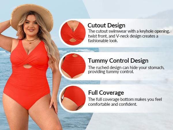 Aqua Eve Women Plus Size One Piece Swimsuits V Neck Tummy Control Bathing Suits Cut Out Swimwear Solid Black 14W