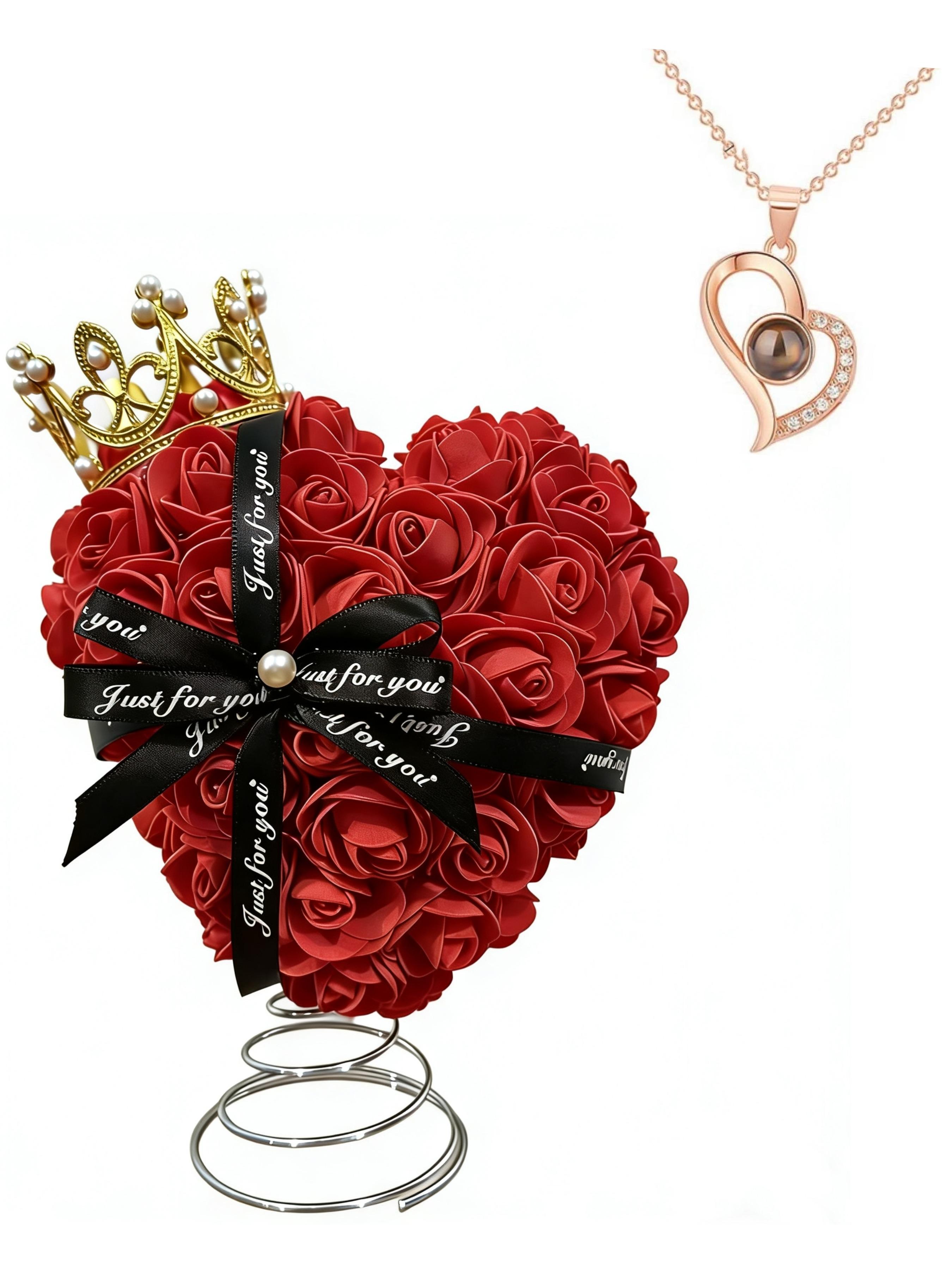 Elegant Crown Heart Necklace Set, Realistic Rose Flower Pendant, Perfect Gift for Girlfriend Best Friend, Birthday Valentine's Day
