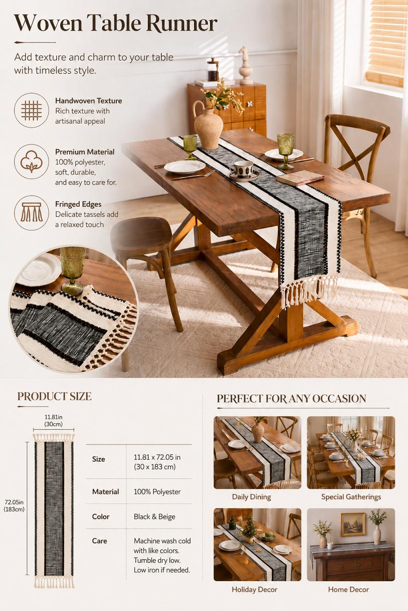 DARGUE Boho Farmhouse Table Runner, 100% Polyester Woven Table Runner with Tassels, Black White Grey Striped Dining Table Runner for Kitchen Table, Coffee Table, Dresser Decor, weddinglinens,  11.81 x 72.05 Inch