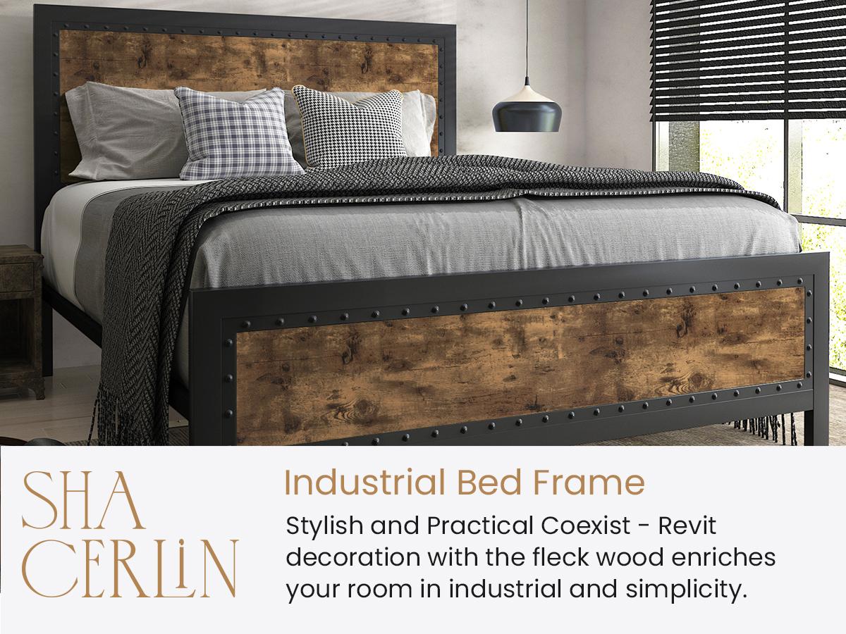 SHA CERLIN Heavy Duty Metal Bed Frame Full/Queen Size【Frame Only No Mattress】Platform Bed Frame with Wooden Headboard Footboard, 13 Strong Metal Slats Support, No Box Spring Needed, Frame Base,#ChristmasGifts#TikTokShopBlackFriday