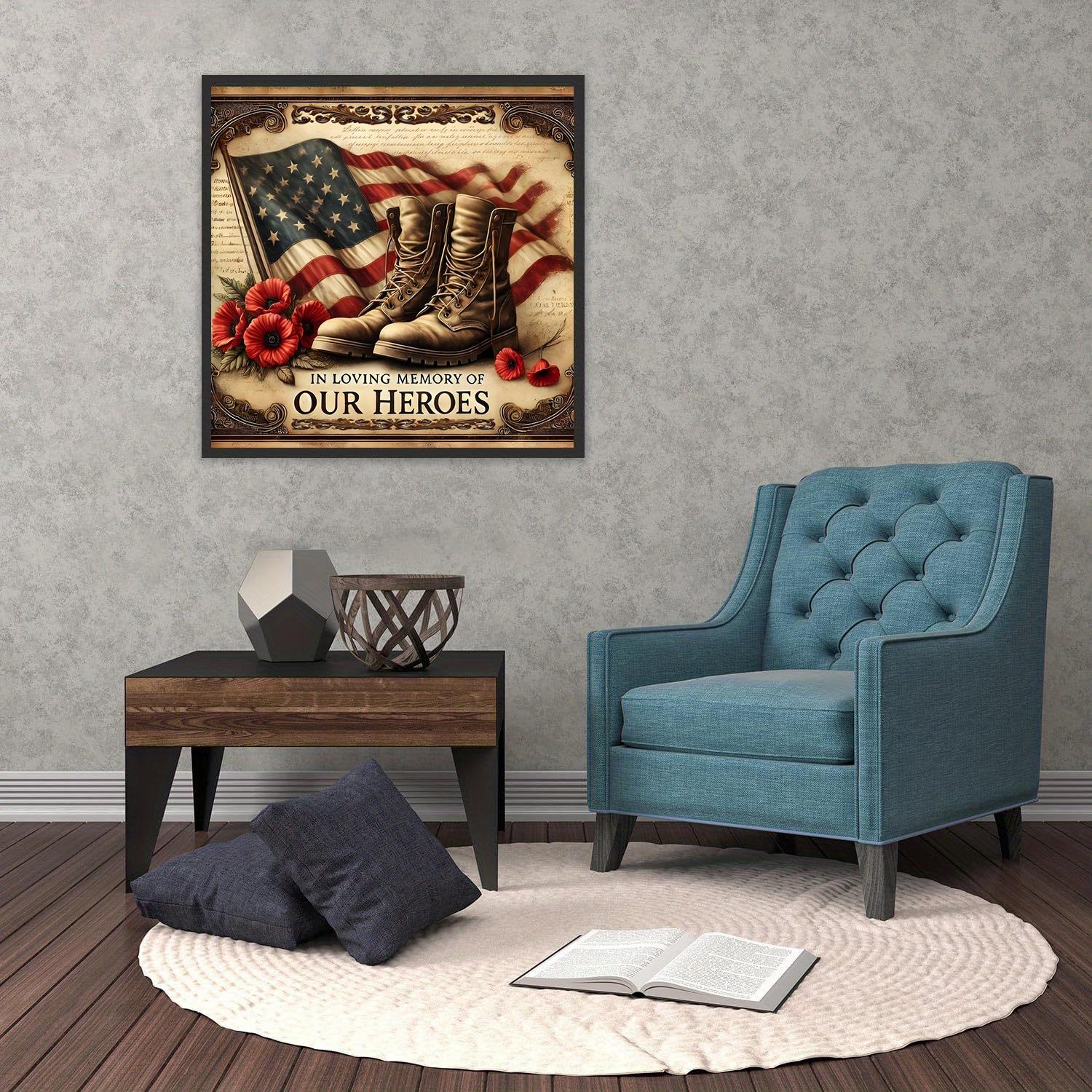 A set of 2D flat frameless handmade DIY diamond painting kit, vintage patriotic memorial style, featuring American flag, military boots and red poppy flowers pattern, suitable for home decoration or gifting to honor heroes.