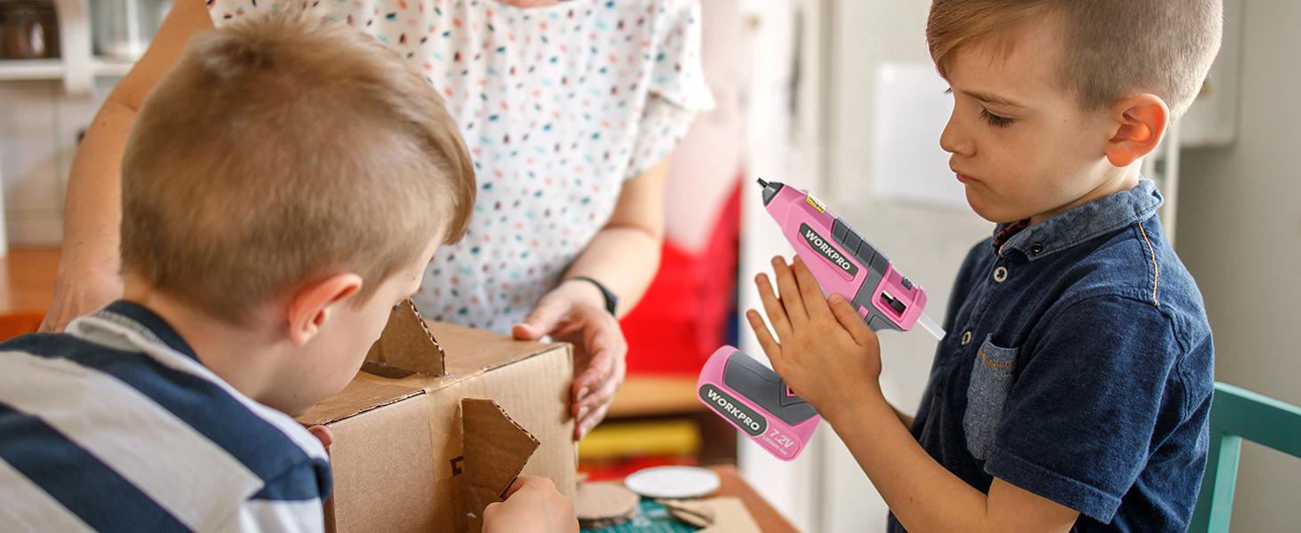 #SpringGlowUp WORKPRO Pink Cordless Hot Melt Glue Gun, 7.2V Rechargeable Fast Preheating Glue Gun Kit with 20 Pc Premium Mini Glue Stick, Automatic-Power-Off Glue Gun for Art, Craft, Decoration - Pink Ribbon