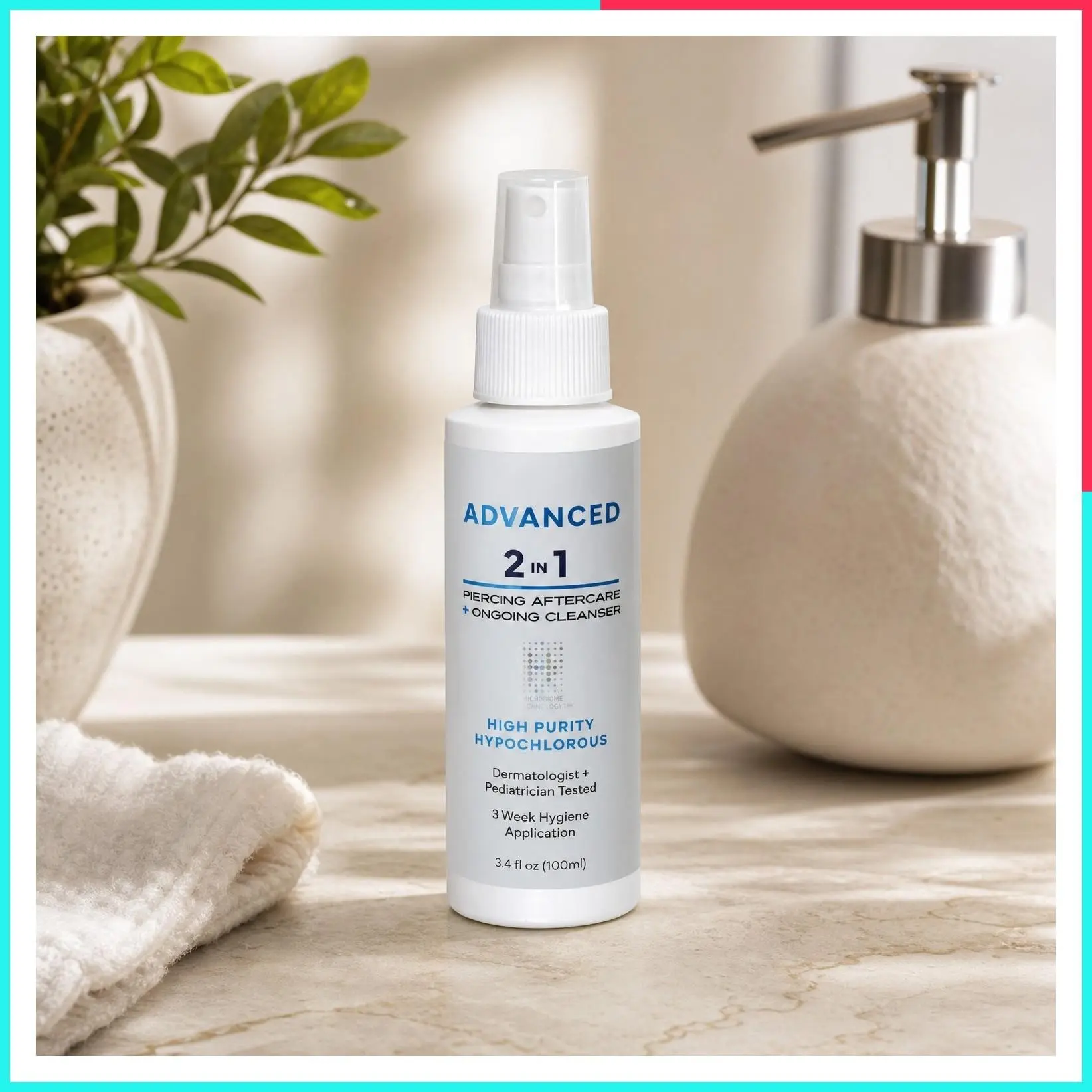 2-in-1 Piercing Aftercare & Cleanser – Hypochlorous Spray for Body and Ear Piercing, Hypoallergenic Formula for Sensitive Skin (3.4oz)