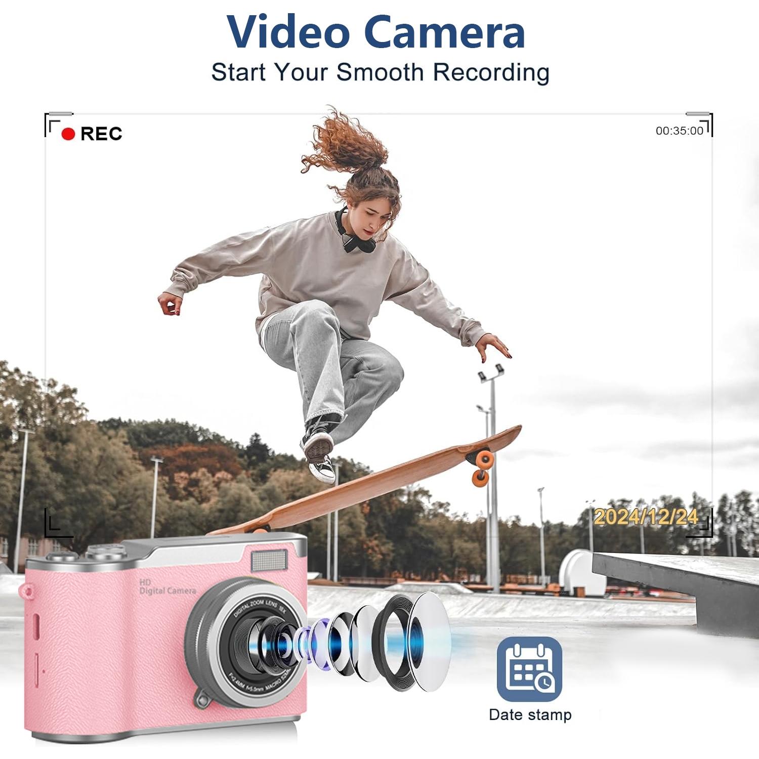 Portable Digital Cam, Student Camera, Compact Pocket Camera, 180° Degree Flip Screen Camera For Women, Entry-Level 1080P Pink Camera With 32GB Memory Card, Video Vlog, Photography, Birthday, Christmas New Year Gift