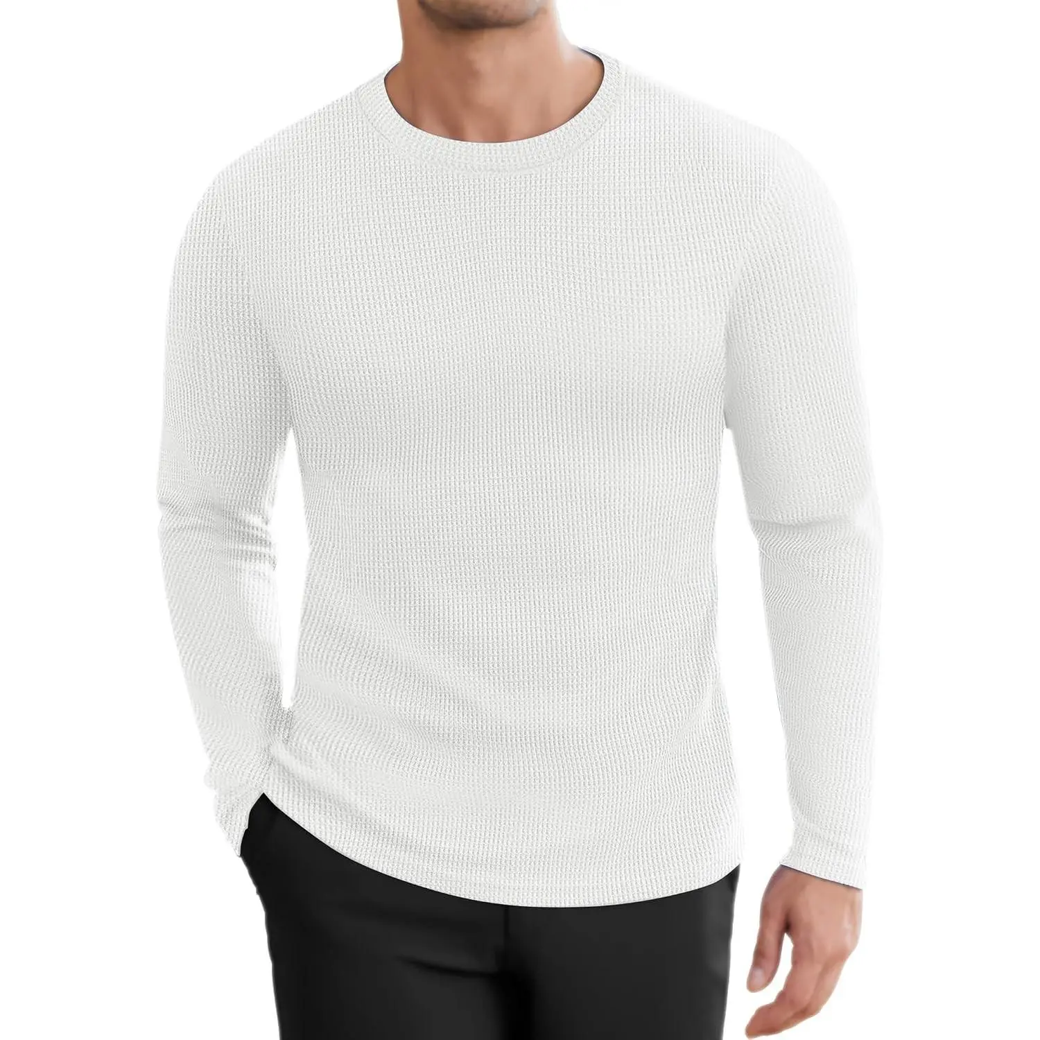 Men's Long Sleeve Shirts Honeycomb Waffle Pullover Sweater Crewneck Thermal Tops Lightweight Undershirts