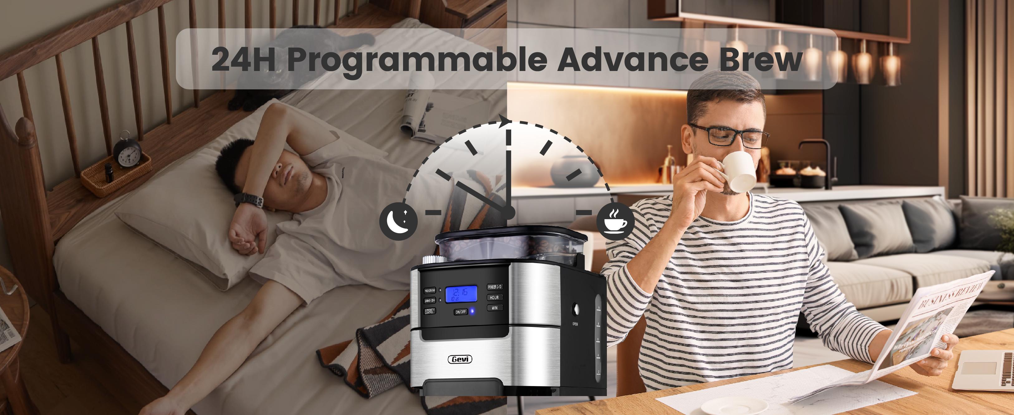 【Springtok】Gevi 10-Cup Coffee Maker with Built-In Grinder – Programmable Grind & Brew, 1.5L Water Reservoir, Keep Warm Plate, Burr Grinder Combo