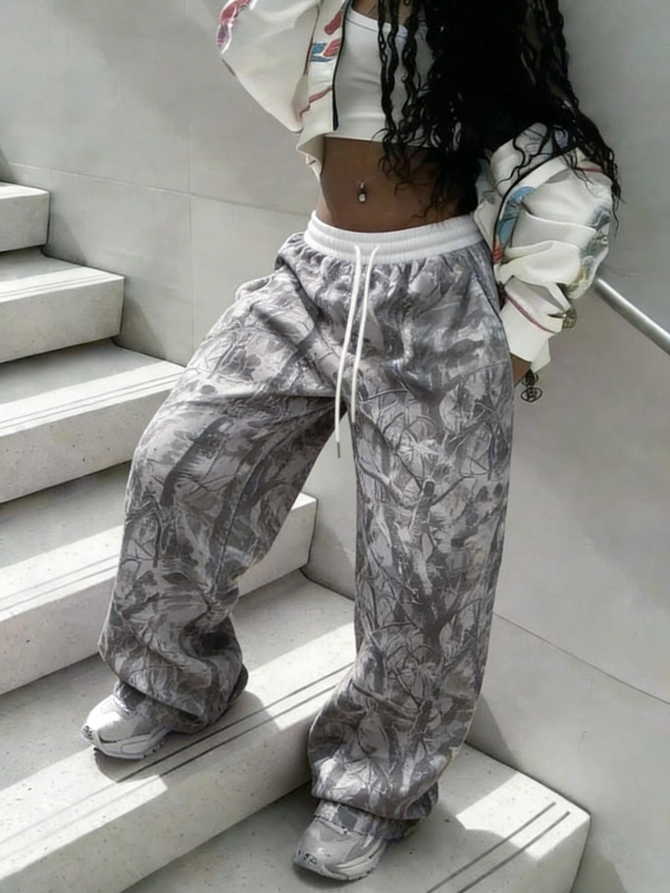Women's Summer Retro Street Style Camo All-Over Print Wide Leg Pants, Casual Lounge Pant Loose-Fit Long Trousers for All Seasons Camouflage