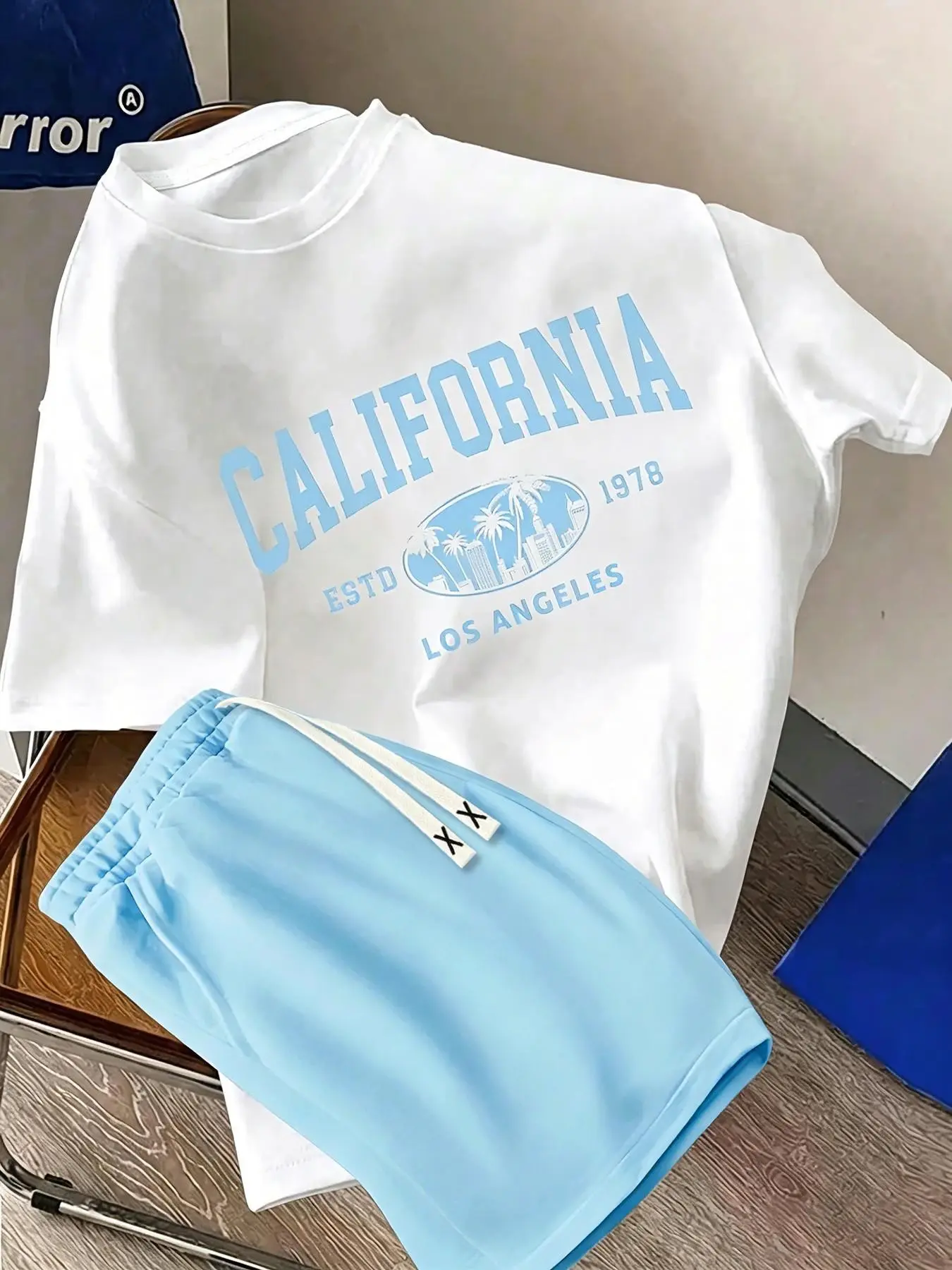 Men's 2-Piece Set, California Los Angeles Print Round Neck Short Sleeve T-Shirt and Waist Pocket Shorts, Casual Indoor and Beach Wear
