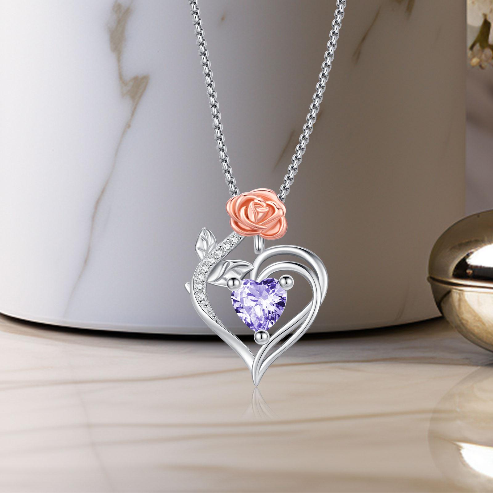 DRINSPER Elegant Rose Star Heart Necklace 925 Sterling Silver Necklace with Cubic Zirconia Decor, Elegant Fashion Casual Heart Rose Necklace for Women, Silver Heart Pendant with Rose Flower for Mother's Day Valentine Birthday