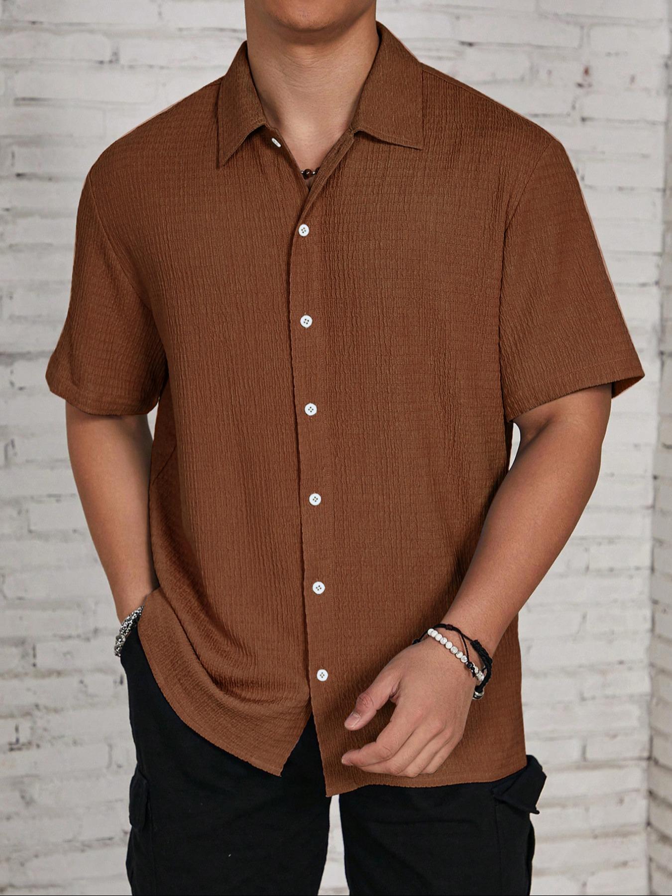 Men's Textured Button Front Shirt, Casual Regular Fit Short Sleeve Collared Top for Summer, Summer Leisure Top 2024, National Day Clothing, Men's Clothes for Daily Wear, Menswear