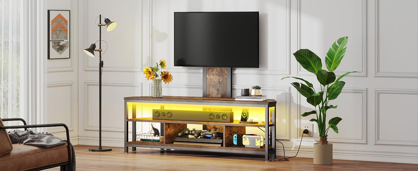 DWVO LED TV Stand with Mount and Power Outlet, TV Stand Mount for 65 inch TVs,Height Adjustable Mount, Entertainment Center Corner Media Console, Rustic Brown
