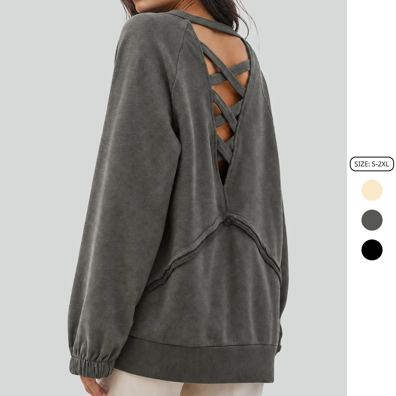 Imily Bela Vintage Washed Criss Cross Back Cutout Sweatshirt Women Loose Long Sleeve Side Split Pullover