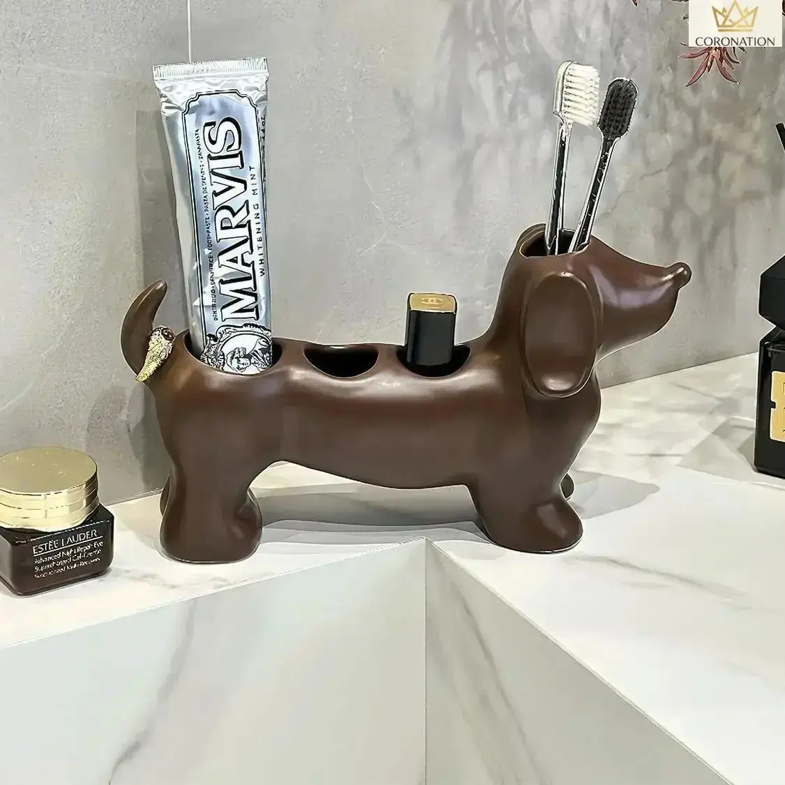 3D Printed Cute Sausage Dog Toothbrush Holder - Unisex 1pc Adhesive Resin Bathroom Organizer, Counter Fit Stand for Toothbrushes & Toothpaste, Space-Saving Vanity Storage for Home Bathroom Decor