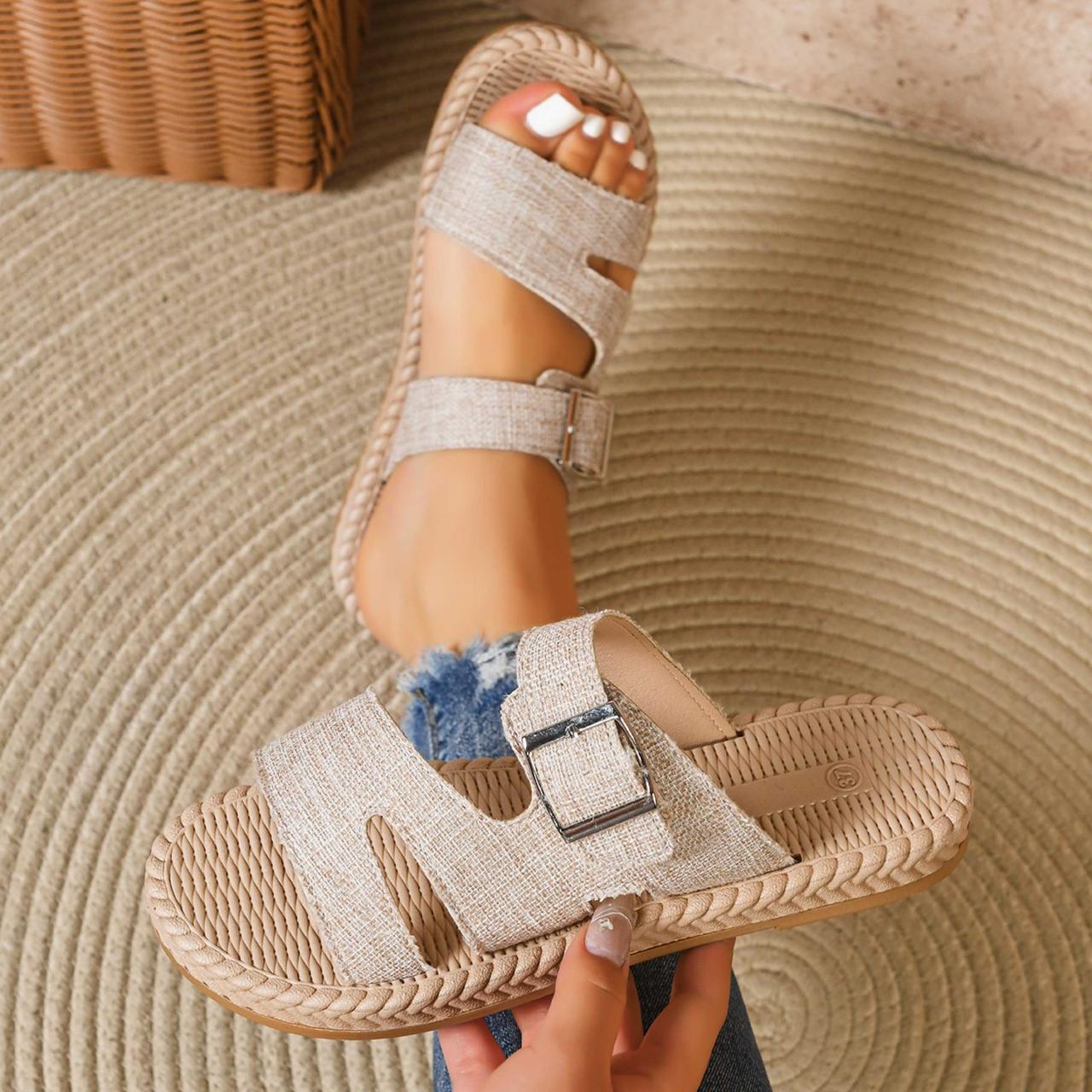 2026 Summer New Arrivals: Linen One-Strap Sandal for Women, Retro Bögen Style, Thick-Soled Outdoor Sandal.