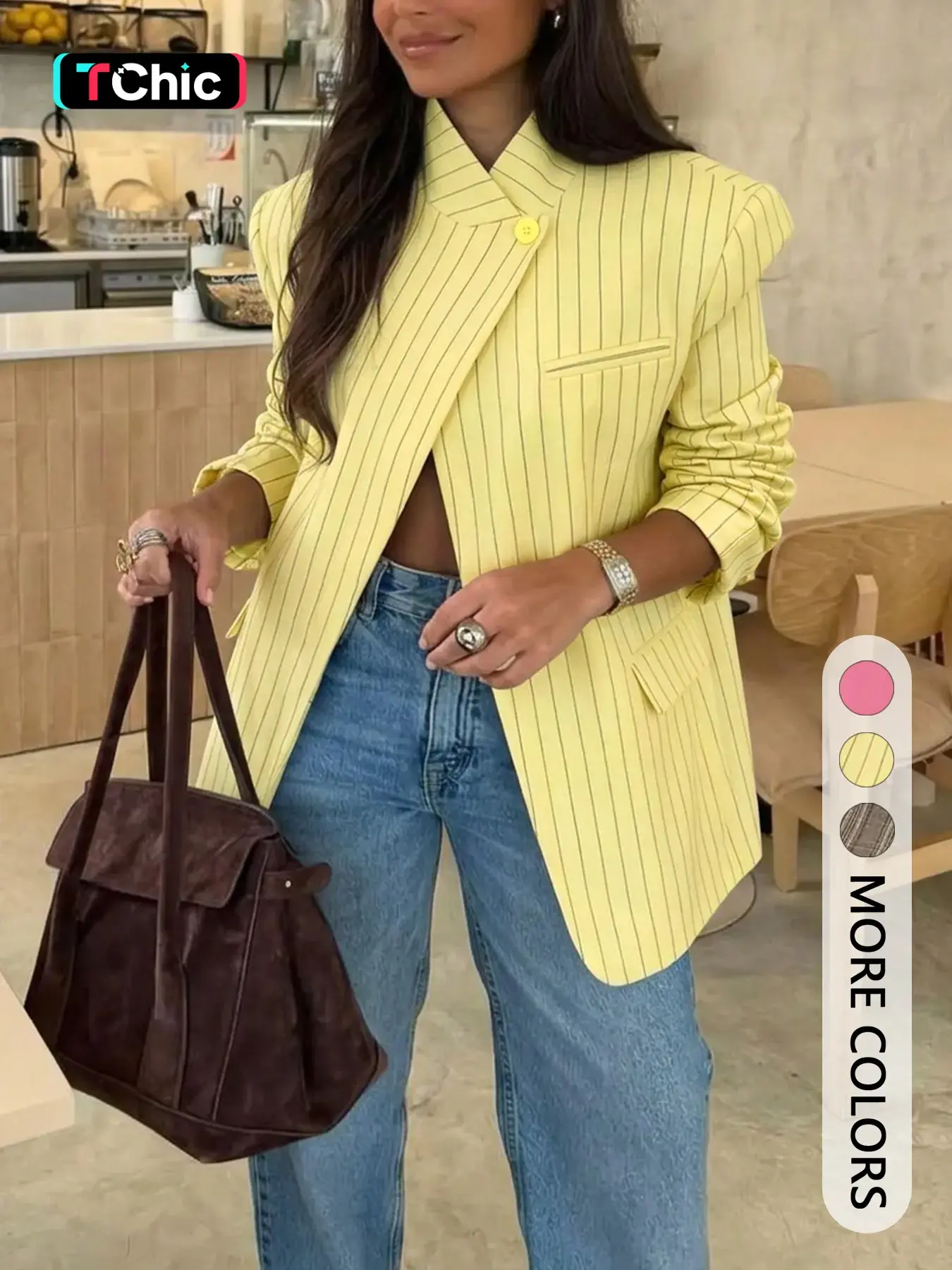Women's Stand Collar Asymmetrical Single Button Blazer Shoulder Pad Long Sleeve Oversized Relaxed Silhouette Flap Pocket Vintage Street Style Perfect for Coffee Runs Brunch Daily Errands