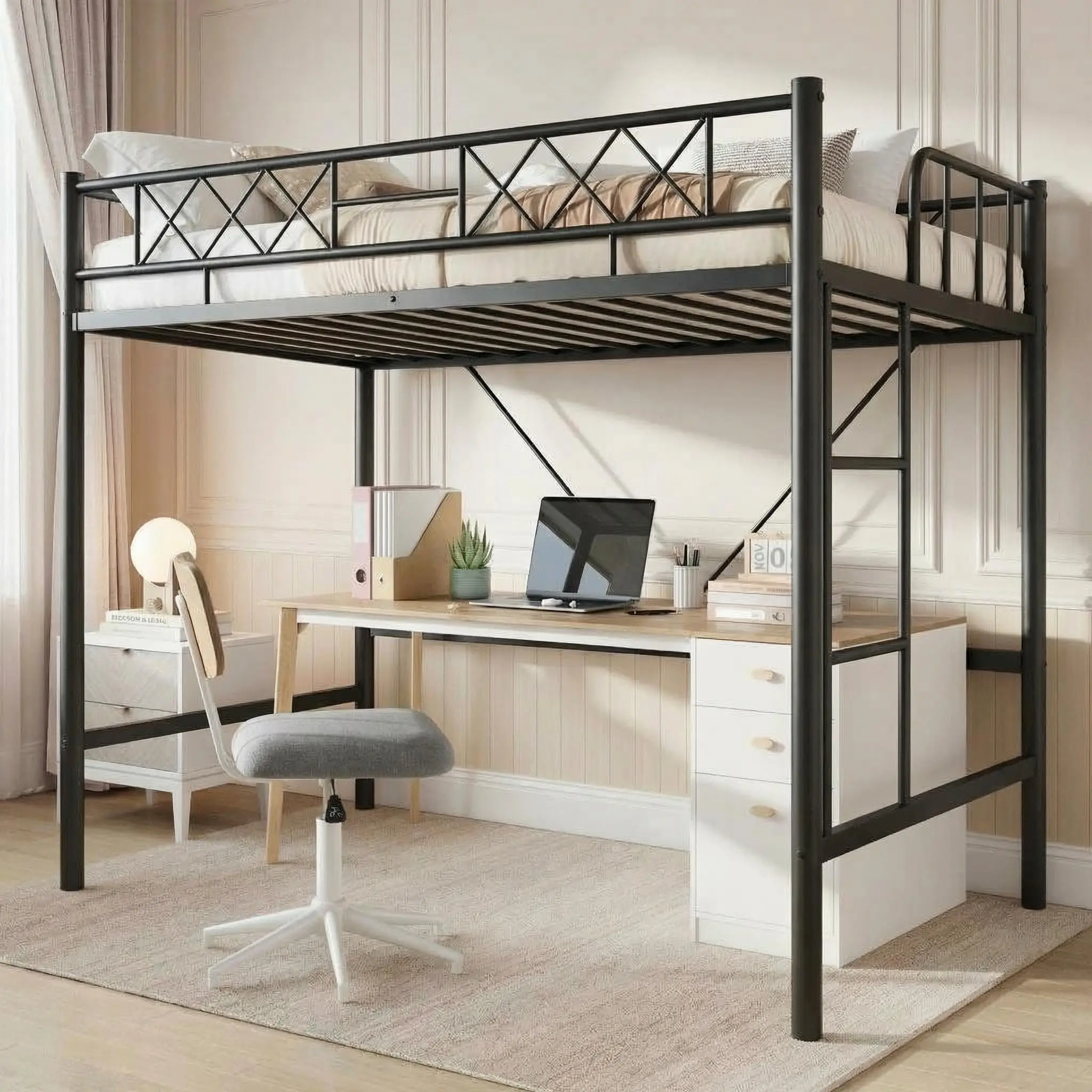 Twin-Size Metal Heavy-Duty Loft Bed Frame with Safety Rail, Ladder, Space-Saving Platform - Metal Frame, No Box Spring Needed, Requires Setup, Modern Black for Teens' Dorm Rooms